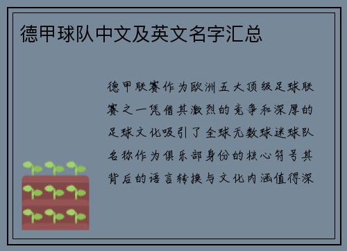 德甲球队中文及英文名字汇总