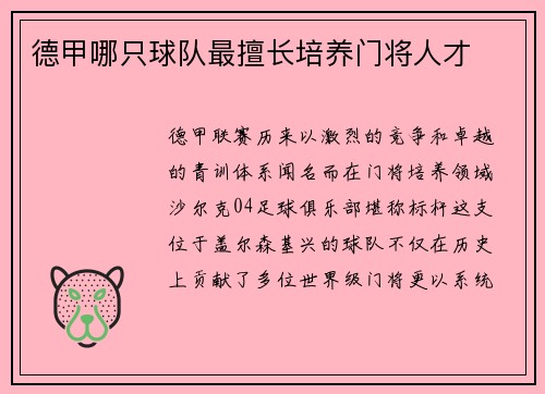 德甲哪只球队最擅长培养门将人才