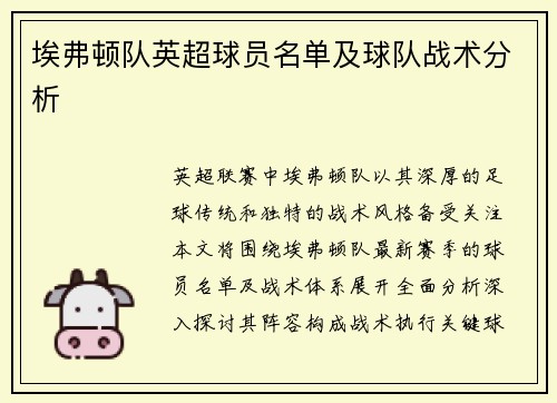 埃弗顿队英超球员名单及球队战术分析